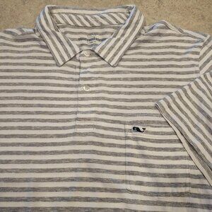 Vineyard Vines Polo Shirt Mens L Gray White Striped Pima Cotton Whale Logo
